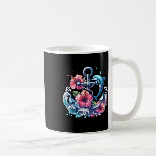 Vattenfärgad Blommigt Anchor Dolphin Nautical Sea  Kaffemugg (Höger)
