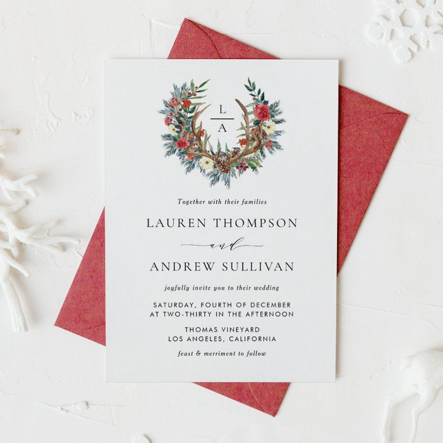 Vattenfärgad Blommigt Antler WAN Monogram Bröllop Inbjudningar (Watercolor Floral Antler Wreath Monogram Christmas Wedding Invitation)