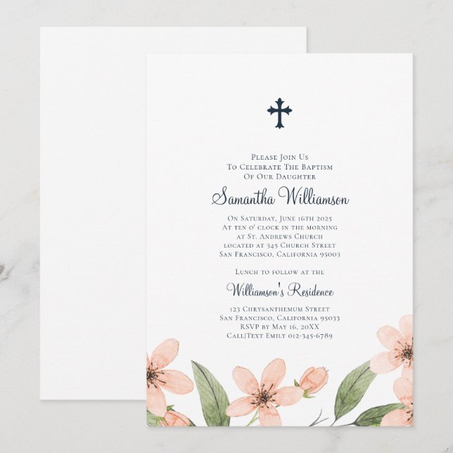 Vattenfärgad Blommigt Baptismal Inbjudningar (Fram/baksida)