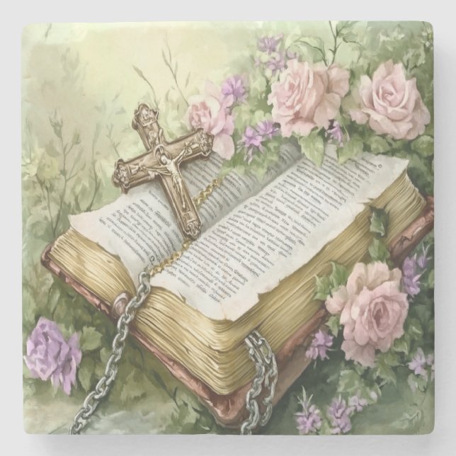 Vattenfärgad Blommigt Bible och Kor Stenunderlägg (Framsidan)