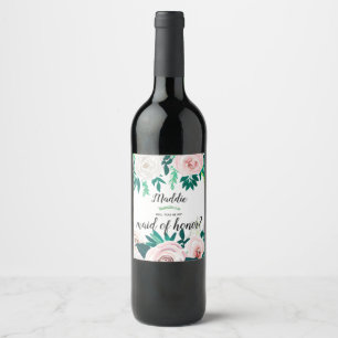 Vattenfärgad Blommigt blir du min Maid of honor Vinflaska Etikett