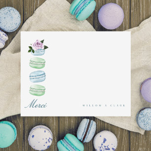 Vattenfärgad Blommigt Blue Macaron Merci/Tack Anteckningskort