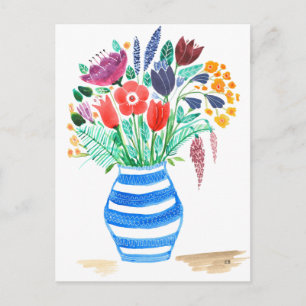 Vattenfärgad Blommigt Blue Vas, Bright Flowers Vykort