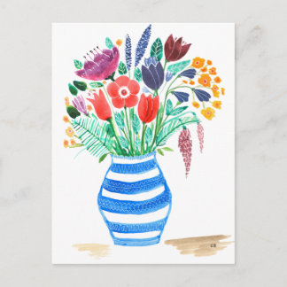 Vattenfärgad Blommigt Blue Vas, Bright Flowers Vykort