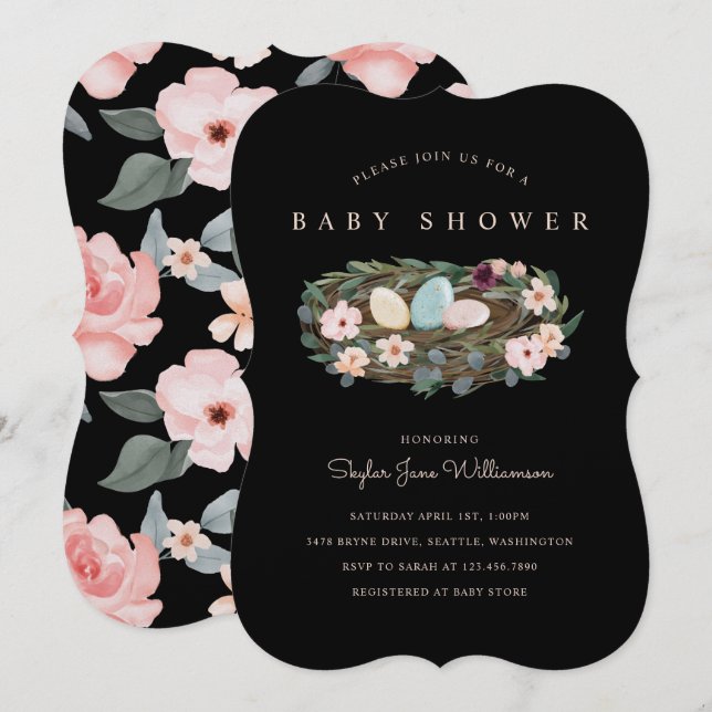 Vattenfärgad Blommigt Bohemian Bird's Nest Baby Sh Inbjudningar (Fram/baksida)