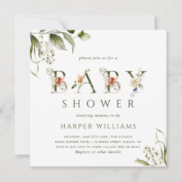 Vattenfärgad Blommigt Botaniskt babyskor för Brev Inbjudningar