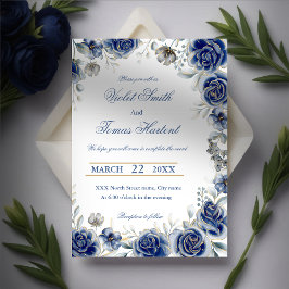 Vattenfärgad blommigt bouquet navy blue bröllop inbjudningar