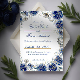 Vattenfärgad blommigt bouquet navy blue bröllop inbjudningar