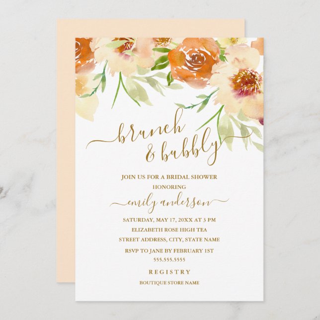 Vattenfärgad Blommigt Brunch och Bubly Möhippa Inbjudningar (Fram/baksida)