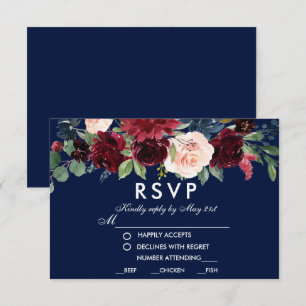 Vattenfärgad Blommigt Burgundy Blue Bröllop Meal O OSA Kort