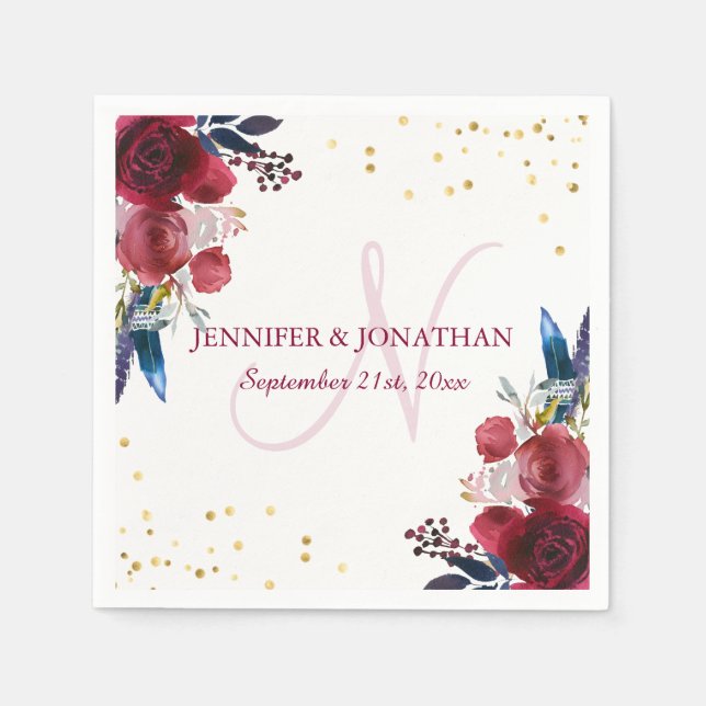 Vattenfärgad Blommigt Burgundy Vin Wandeans Bröllo Pappersservett (Framsidan)
