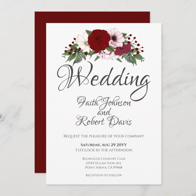 Vattenfärgad Blommigt Burgundy  White Greenery Inbjudningar (Fram/baksida)