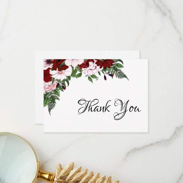 Vattenfärgad Blommigt Burgundy  White Greenery Tack Kort (Fram/Back In Situ)