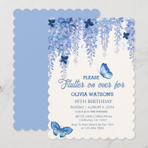 Vattenfärgad blommigt Butterflies Birthday blue Inbjudningar