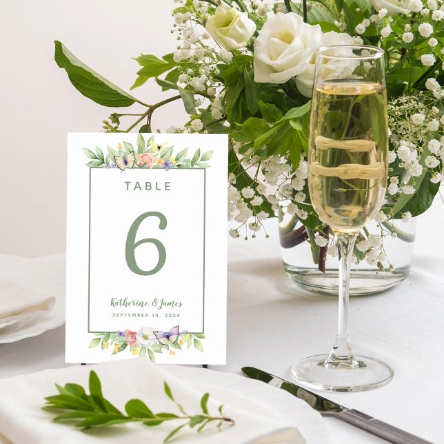 Vattenfärgad Blommigt Butterflies Bröllop Sage Grö Bordsnummer (Watercolor Floral Butterflies Wedding Sage Green Table Number)