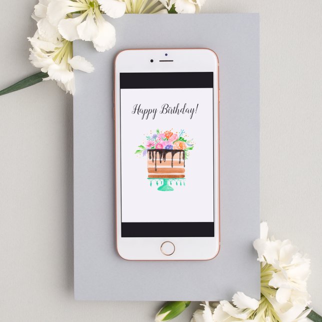 Vattenfärgad Blommigt Chocolate Birthday Cake Kort (A lovely watercolor Birthday cake card for your instant birthday wishes)