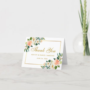 Vattenfärgad Blommigt Coral Guld Bröllop Note Tack Kort