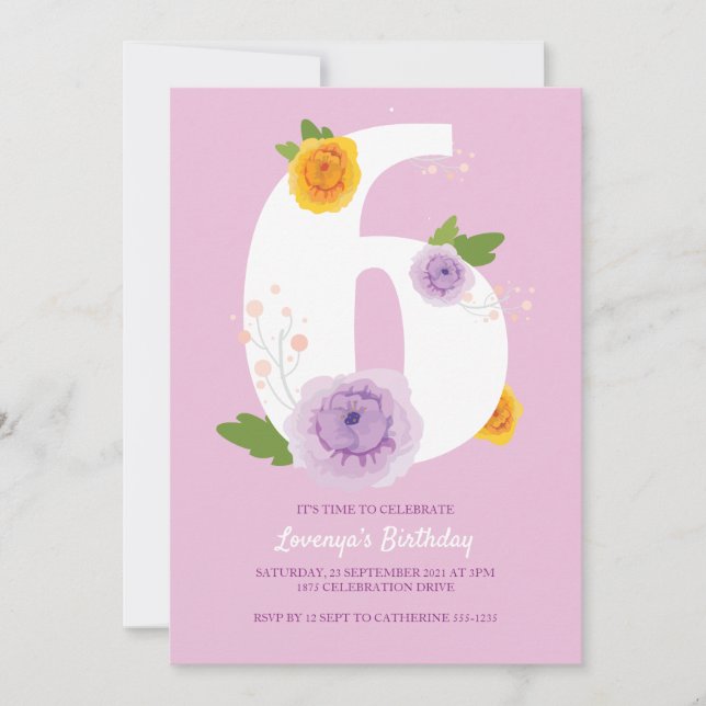 Vattenfärgad Blommigt Cute 6e Birthday Spara Datumet (Framsida)