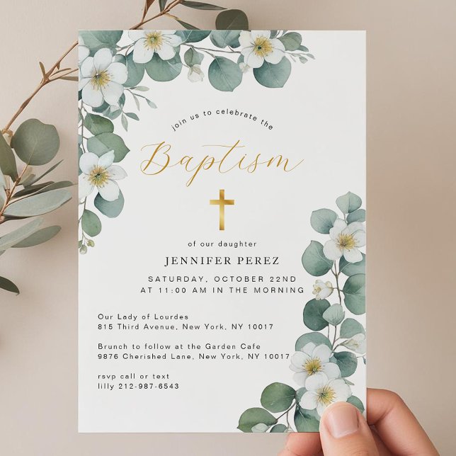 Vattenfärgad Blommigt Eucalyptus Greenery Baptism Inbjudningar (Gender Neutral Baptism Invitation)