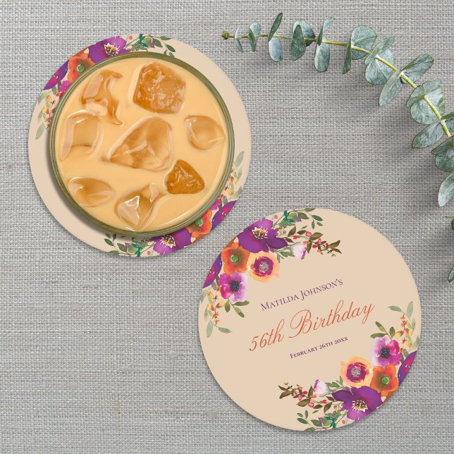 Vattenfärgad Blommigt, fallande Födelsedagsfest Underlägg Papper Rund (Watercolor Floral Fall Birthday Party Round Paper Coaster)