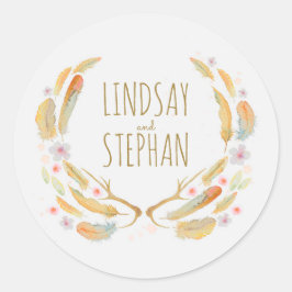 Vattenfärgad Blommigt Feathers Antlers Rustic Bröl Runt Klistermärke