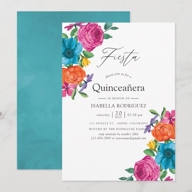 Vattenfärgad Blommigt Fiesta Quinceañera Inbjudningar (Fram/baksida)