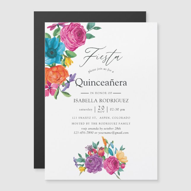 Vattenfärgad Blommigt Fiesta Quinceañera Magnetisk Inbjudningskort (Fram/baksida)