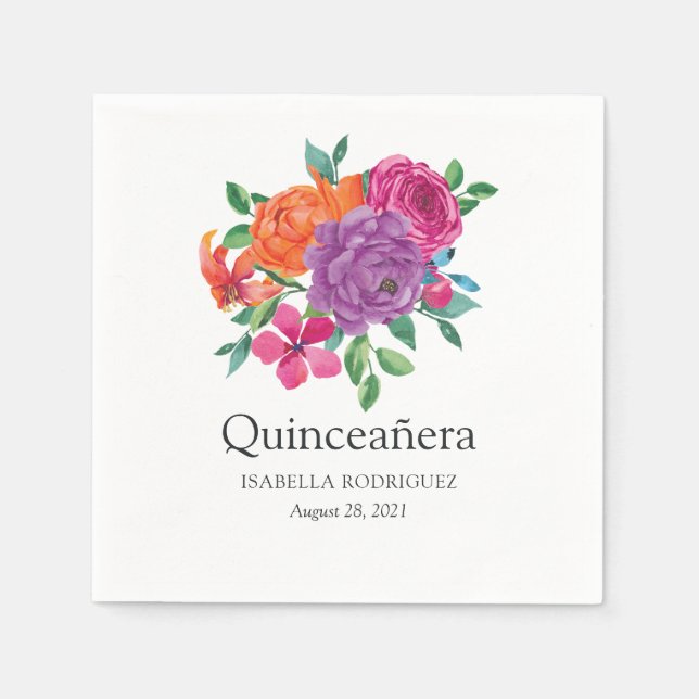 Vattenfärgad Blommigt Fiesta Quinceañera Pappersservett (Framsidan)