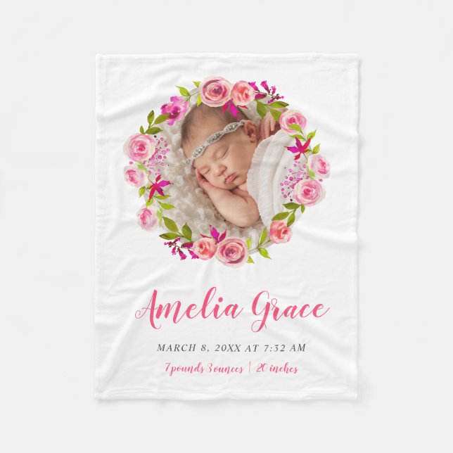 Vattenfärgad Blommigt Foto Baby Birth Stats Fleecefilt (Framsidan)