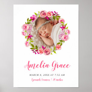 Vattenfärgad Blommigt Foto Baby Birth Stats Poster