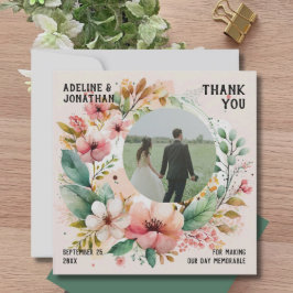 Vattenfärgad Blommigt Foto Bröllop Flat Tack Kort