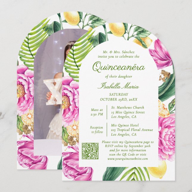 Vattenfärgad Blommigt Foto QR-kod Quinceañera Inbjudningar (Fram/baksida)