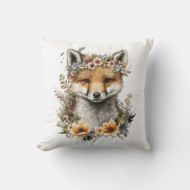 Vattenfärgad Blommigt Fox Cute Kudde (Framsida)