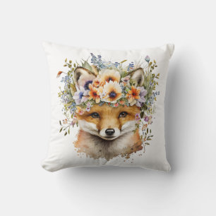 Vattenfärgad Blommigt Fox Cute Kudde