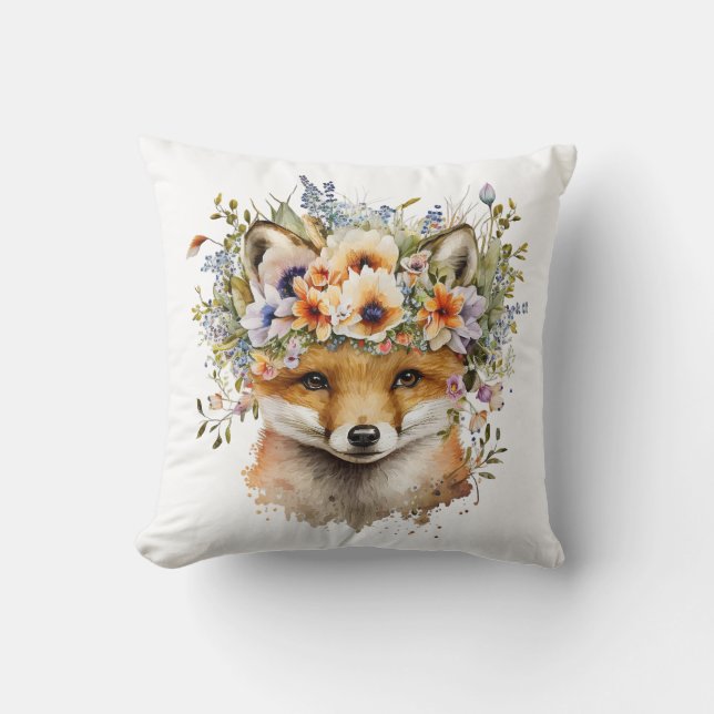 Vattenfärgad Blommigt Fox Cute Kudde (Framsida)