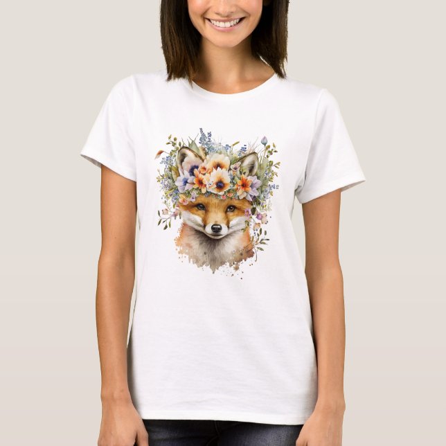 Vattenfärgad Blommigt Fox Cute T Shirt (Framsida)