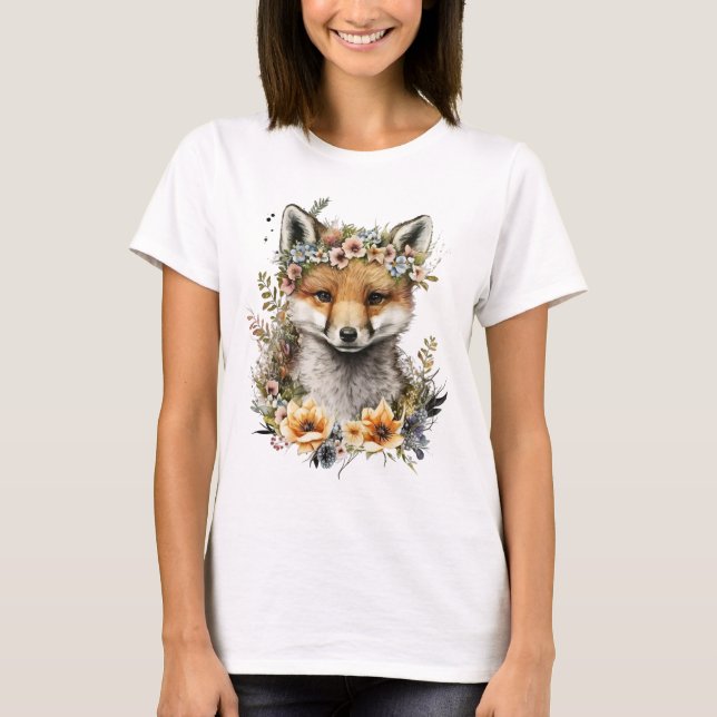 Vattenfärgad Blommigt Fox Cute T Shirt (Framsida)
