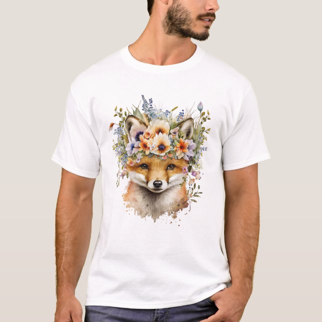 Vattenfärgad Blommigt Fox Cute T Shirt (Framsida)