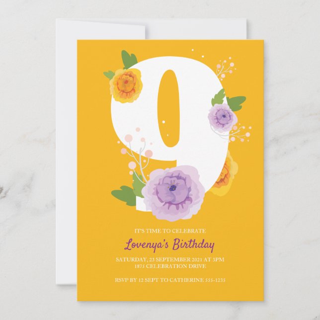 Vattenfärgad Blommigt Garden 9:e Födelsedagsfesten Spara Datumet (Framsida)