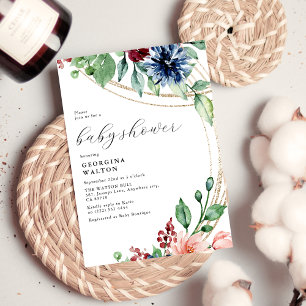 Vattenfärgad Blommigt, Grey & Guld Baby Shower Inbjudningar