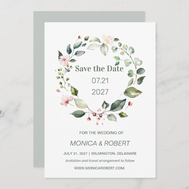 Vattenfärgad blommigt, grönt löv Spara datum Inbjudningar (Fram/baksida)