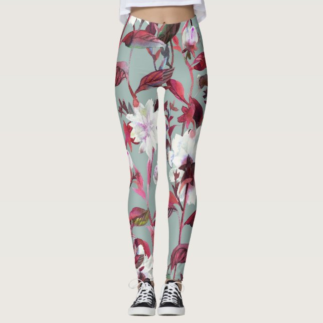 Vattenfärgad Blommigt: Hand plockade Blooms. Leggings (Framsida)