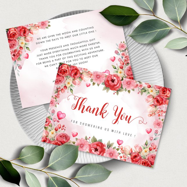 Vattenfärgad Blommigt Heart Baby Shower Red Swehon Tack Kort (Skapare uppladdad)