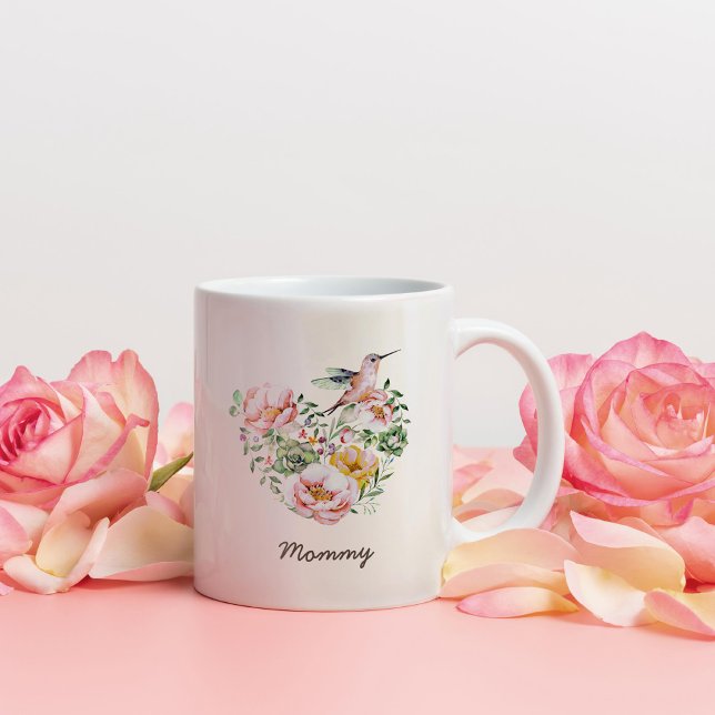 Vattenfärgad Blommigt Heart Hummingbird Mamma Gift Två-Tonad Mugg (Skapare uppladdad)