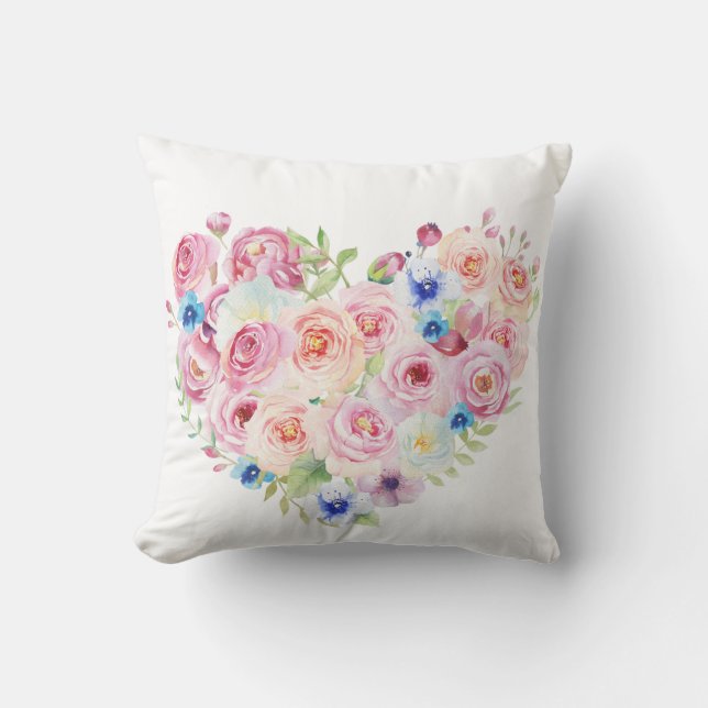 Vattenfärgad Blommigt Heart Throw Cushion Kudde (Framsida)