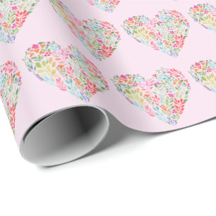 Vattenfärgad Blommigt Hjärta på Rosa Presentpapper