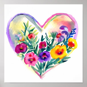 Vattenfärgad Blommigt Hjärtkrans Poster