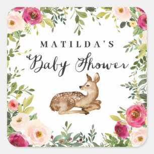 Vattenfärgad blommigt hjort, babydusch party fyrkantigt klistermärke