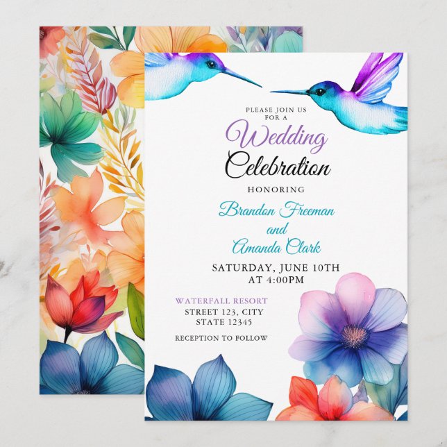 Vattenfärgad Blommigt Hummingbird Bröllop Inbjudningar (Fram/baksida)
