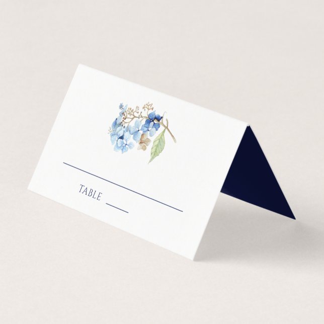 Vattenfärgad Blommigt Hydrangea Navy Place Card Kort (Framsida)